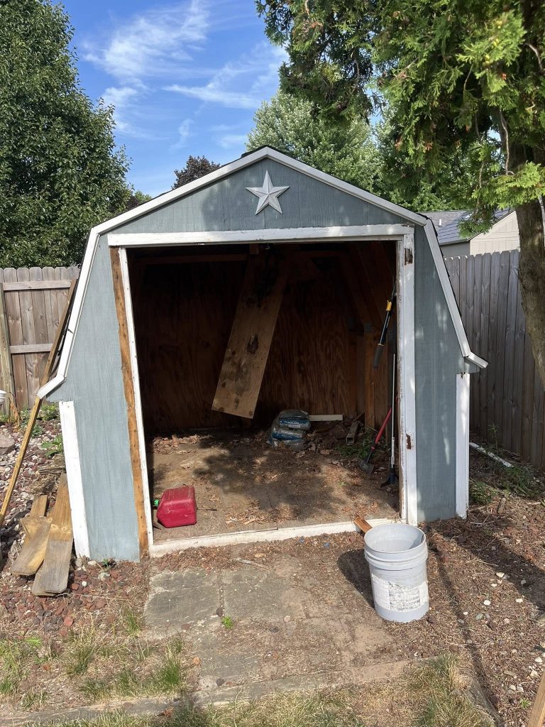 Small shed interior during a cleanup project